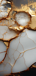 FX‑133 Golden Fracture Marble flexible marble panel showcasing irregular white crystalline fragments set against deep black zones, linked by vivid metallic gold vein fractures, by Dunya Home Design.