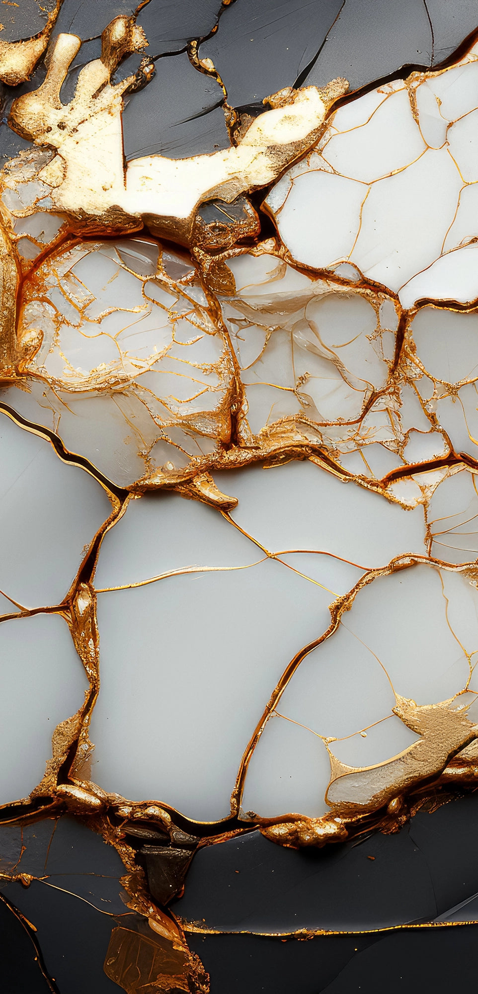 FX‑133 Golden Fracture Marble flexible marble panel showcasing irregular white crystalline fragments set against deep black zones, linked by vivid metallic gold vein fractures, by Dunya Home Design.