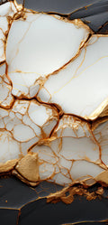 FX‑133 Golden Fracture Marble flexible marble panel showcasing irregular white crystalline fragments set against deep black zones, linked by vivid metallic gold vein fractures, by Dunya Home Design.