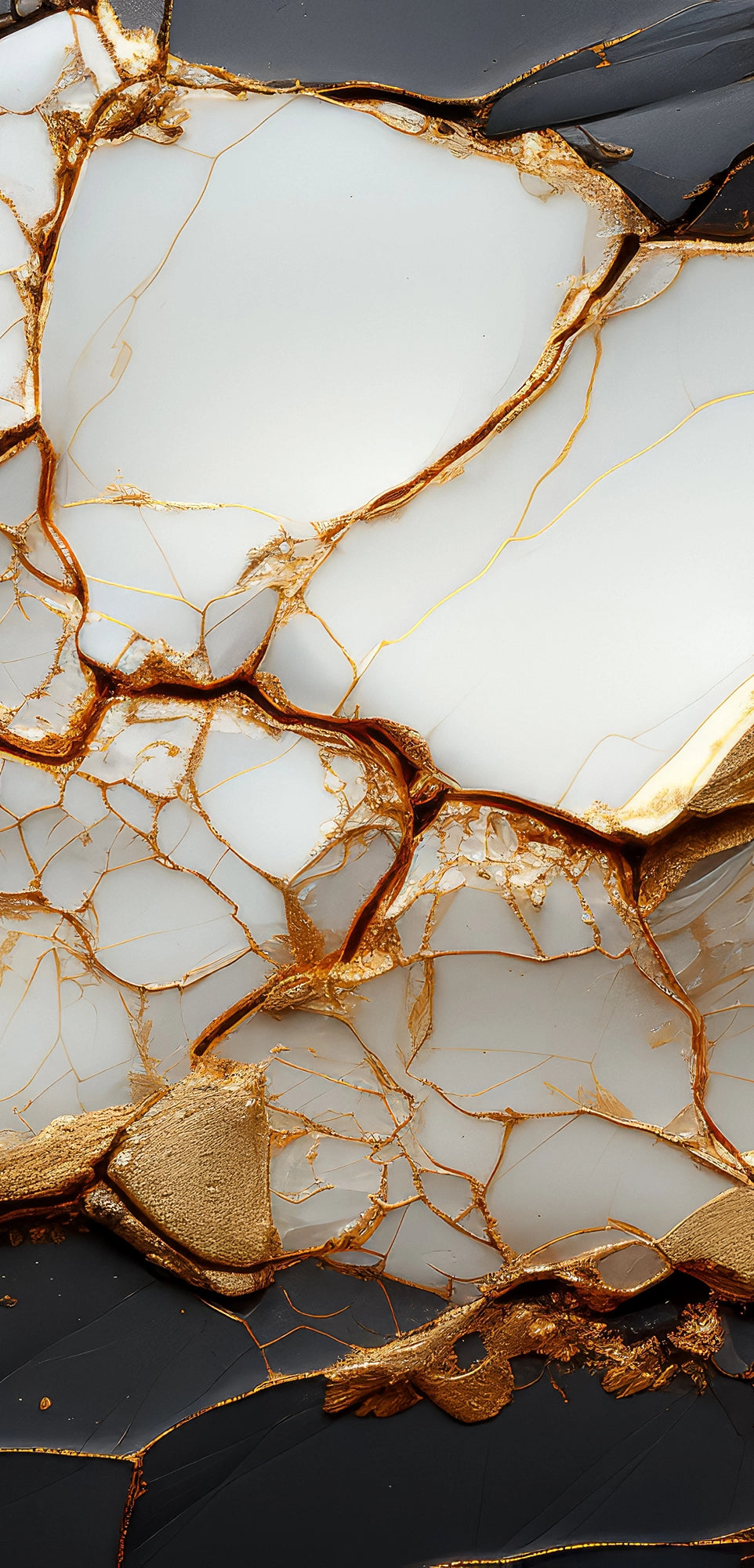 FX‑133 Golden Fracture Marble flexible marble panel showcasing irregular white crystalline fragments set against deep black zones, linked by vivid metallic gold vein fractures, by Dunya Home Design.