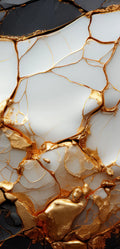 FX‑133 Golden Fracture Marble flexible marble panel showcasing irregular white crystalline fragments set against deep black zones, linked by vivid metallic gold vein fractures, by Dunya Home Design.