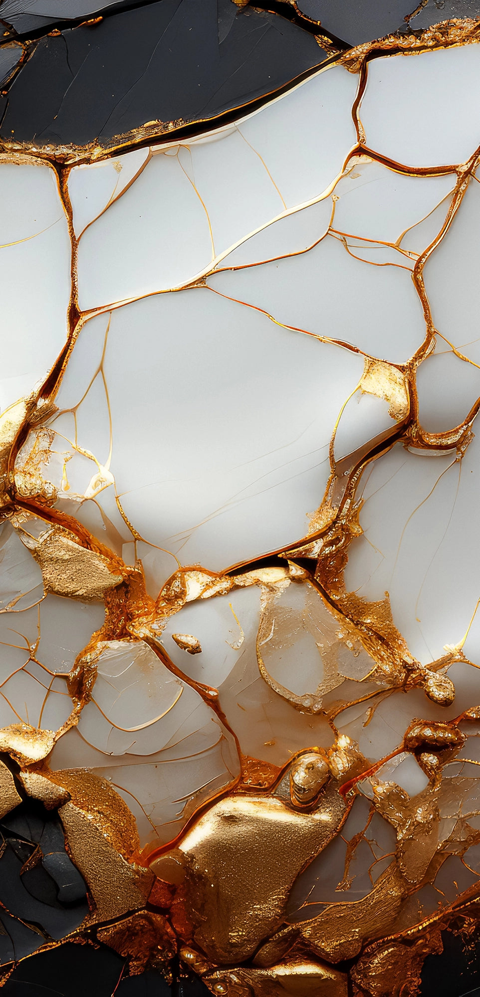 FX‑133 Golden Fracture Marble flexible marble panel showcasing irregular white crystalline fragments set against deep black zones, linked by vivid metallic gold vein fractures, by Dunya Home Design.