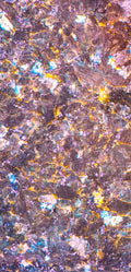 FX ‑ 135 Blush Nebula Marble flexible marble panel showcasing shimmering blush‑pink crystalline fragments interspersed with metallic gold veins and iridescent blue highlights, by Dunya Home Design.