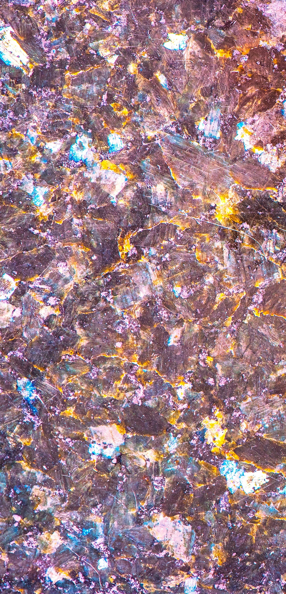 FX ‑ 135 Blush Nebula Marble flexible marble panel showcasing shimmering blush‑pink crystalline fragments interspersed with metallic gold veins and iridescent blue highlights, by Dunya Home Design.