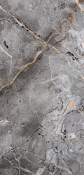 FX‑142 Iron Vein Marble flexible marble panel featuring a cool mid‑grey base streaked with bold white and rust‑orange veins, accented by fine iron‑speckled textures for an industrial yet elegant look, by Dunya Home Design.