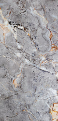 FX‑142 Iron Vein Marble flexible marble panel featuring a cool mid‑grey base streaked with bold white and rust‑orange veins, accented by fine iron‑speckled textures for an industrial yet elegant look, by Dunya Home Design.