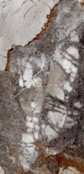 FX‑144 Glacial Veil Marble flexible marble panel by Dunya Home Design: a cool white matrix punctuated by broad, irregular swaths of soft gray and rusty ochre, all crisscrossed with fine, golden‑brown veins that trace delicate web‑like patterns across the surface.
