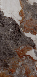 FX‑144 Glacial Veil Marble flexible marble panel by Dunya Home Design: a cool white matrix punctuated by broad, irregular swaths of soft gray and rusty ochre, all crisscrossed with fine, golden‑brown veins that trace delicate web‑like patterns across the surface.