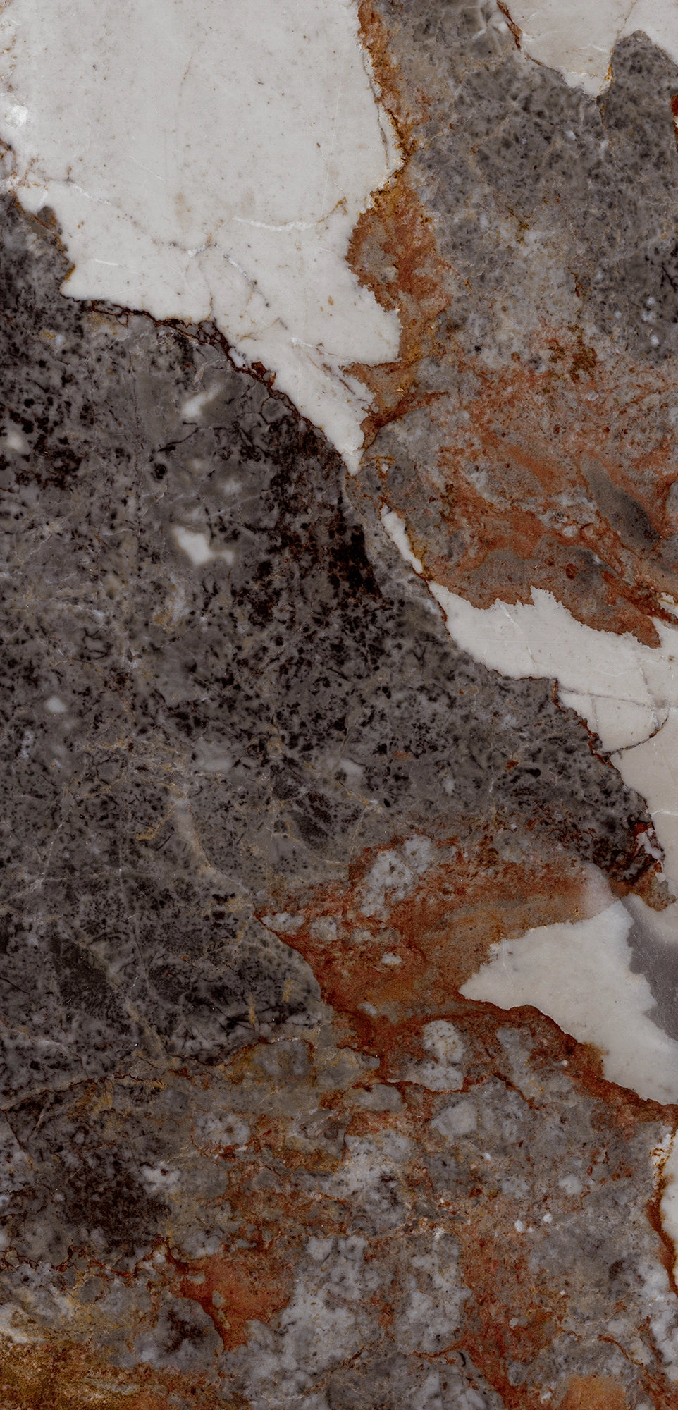FX‑144 Glacial Veil Marble flexible marble panel by Dunya Home Design: a cool white matrix punctuated by broad, irregular swaths of soft gray and rusty ochre, all crisscrossed with fine, golden‑brown veins that trace delicate web‑like patterns across the surface.