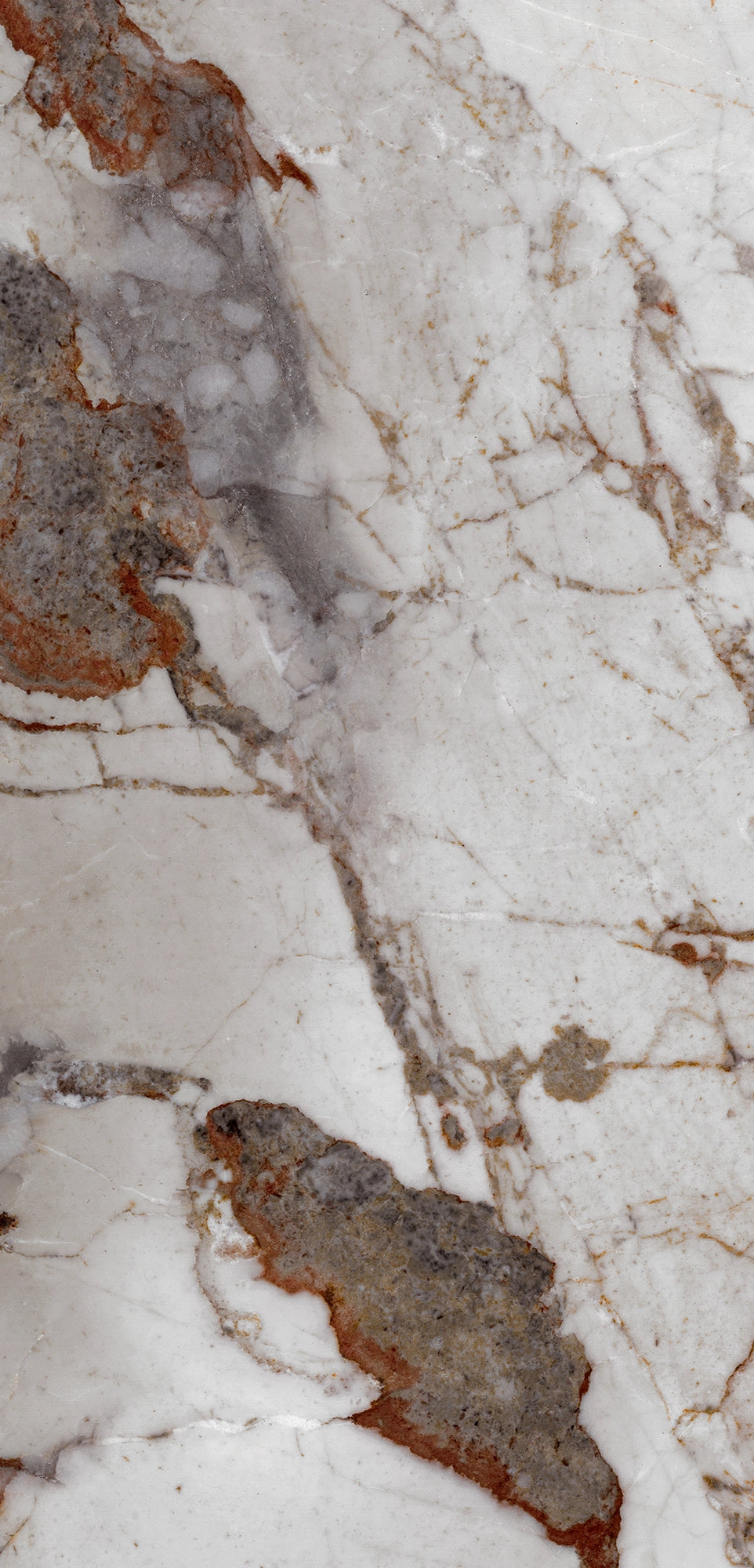 FX‑144 Glacial Veil Marble flexible marble panel by Dunya Home Design: a cool white matrix punctuated by broad, irregular swaths of soft gray and rusty ochre, all crisscrossed with fine, golden‑brown veins that trace delicate web‑like patterns across the surface.