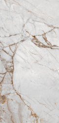 FX‑144 Glacial Veil Marble flexible marble panel by Dunya Home Design: a cool white matrix punctuated by broad, irregular swaths of soft gray and rusty ochre, all crisscrossed with fine, golden‑brown veins that trace delicate web‑like patterns across the surface.