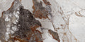 FX‑144 Glacial Veil Marble flexible marble panel by Dunya Home Design: a cool white matrix punctuated by broad, irregular swaths of soft gray and rusty ochre, all crisscrossed with fine, golden‑brown veins that trace delicate web‑like patterns across the surface.