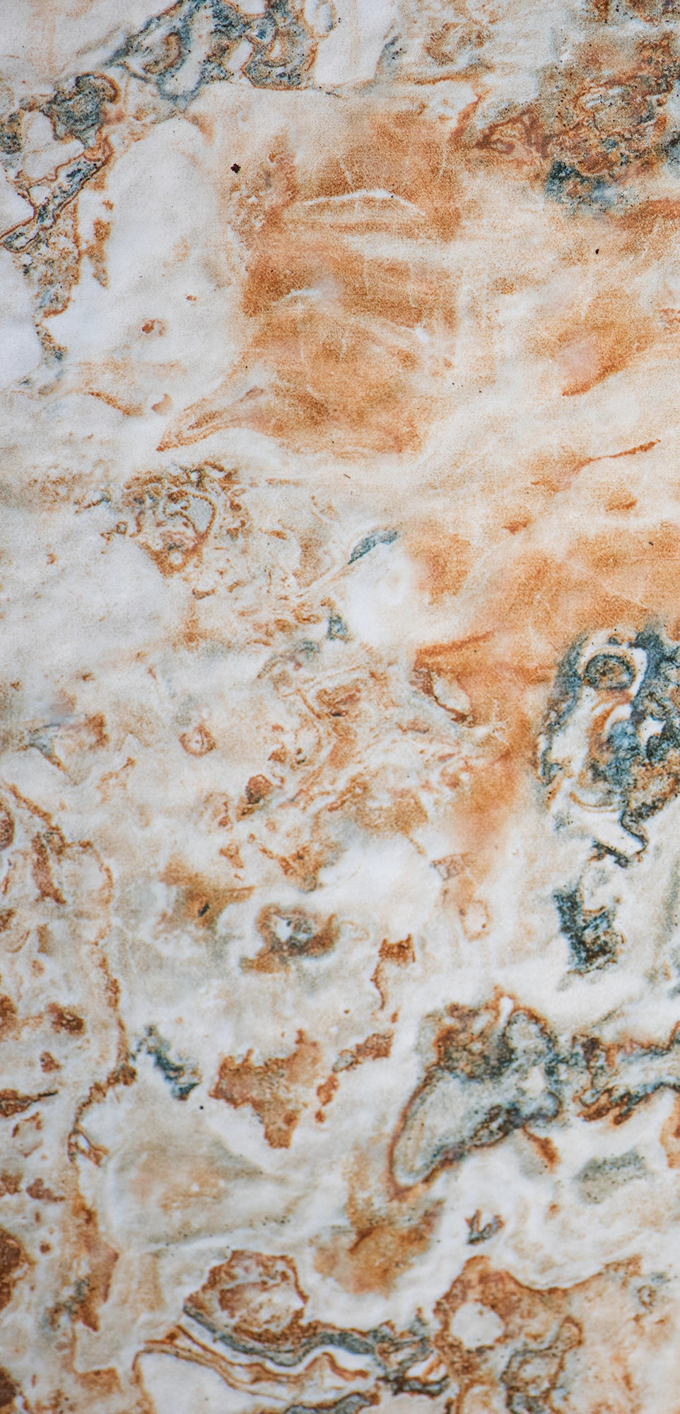 “FX‑147 Rust Tide Marble” flexible panel by Dunya Home Design: an abstract marble pattern in creamy white with swirling patches of rust orange, burnished copper, and silvery gray that blend in fluid, tide‑like currents across the surface.