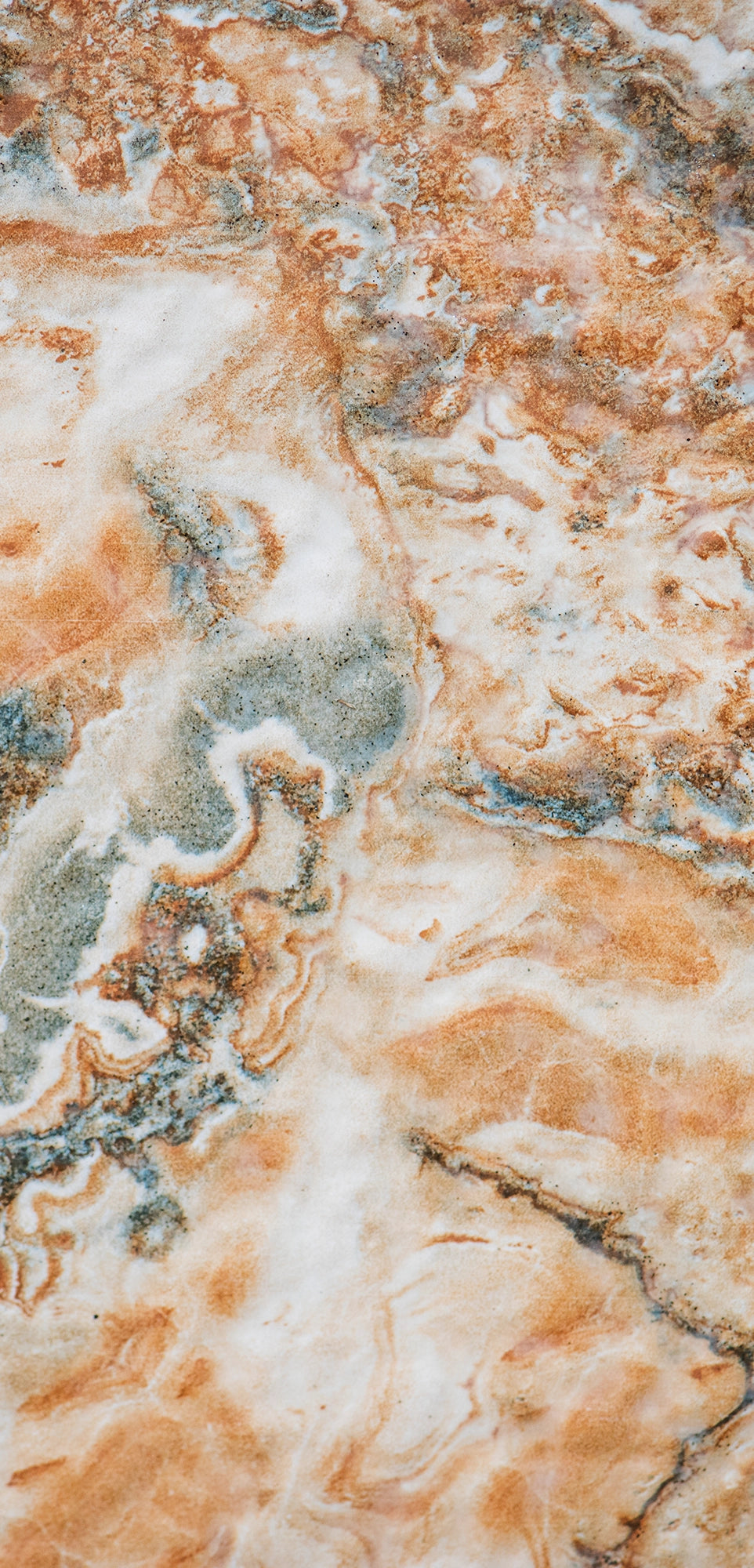 “FX‑147 Rust Tide Marble” flexible panel by Dunya Home Design: an abstract marble pattern in creamy white with swirling patches of rust orange, burnished copper, and silvery gray that blend in fluid, tide‑like currents across the surface.