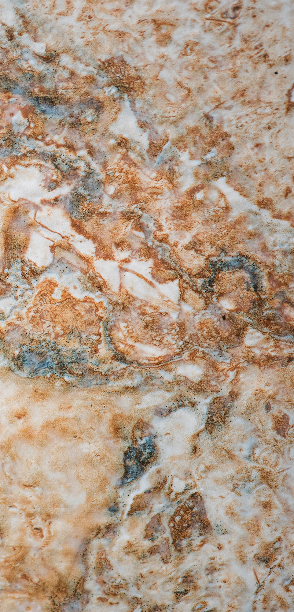 “FX‑147 Rust Tide Marble” flexible panel by Dunya Home Design: an abstract marble pattern in creamy white with swirling patches of rust orange, burnished copper, and silvery gray that blend in fluid, tide‑like currents across the surface.