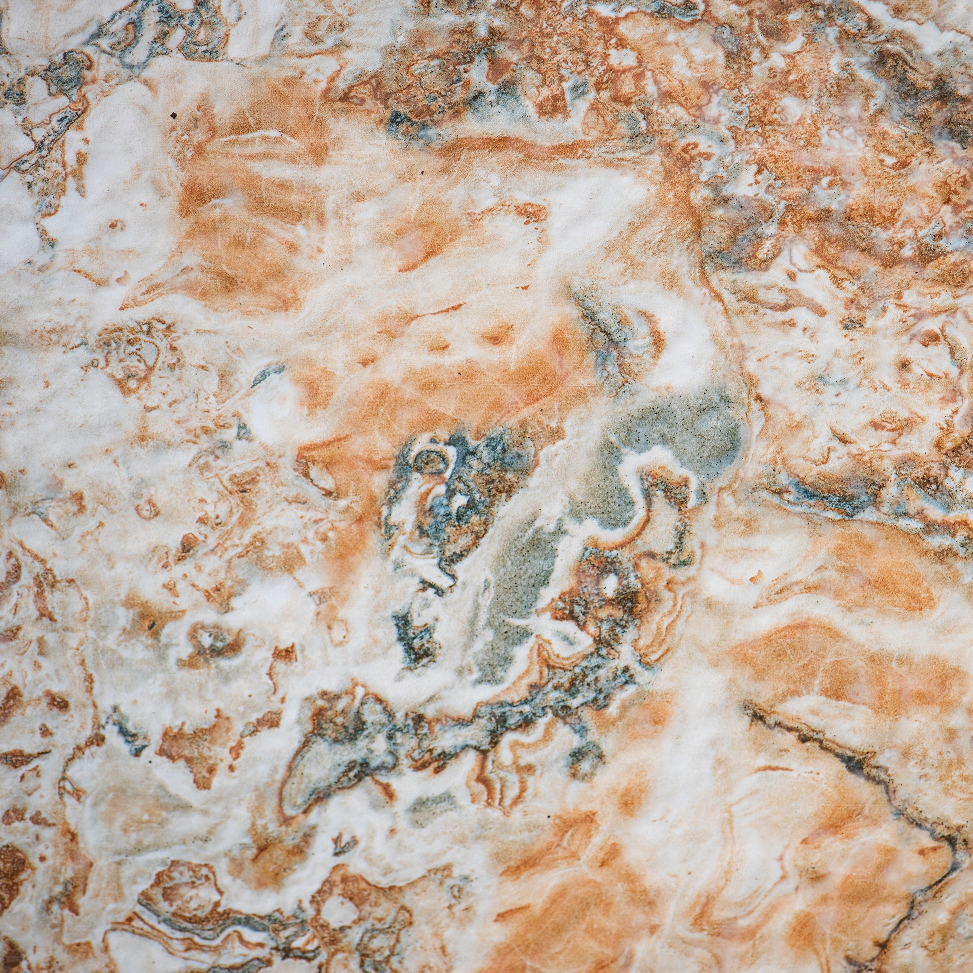 “FX‑147 Rust Tide Marble” flexible panel by Dunya Home Design: an abstract marble pattern in creamy white with swirling patches of rust orange, burnished copper, and silvery gray that blend in fluid, tide‑like currents across the surface.