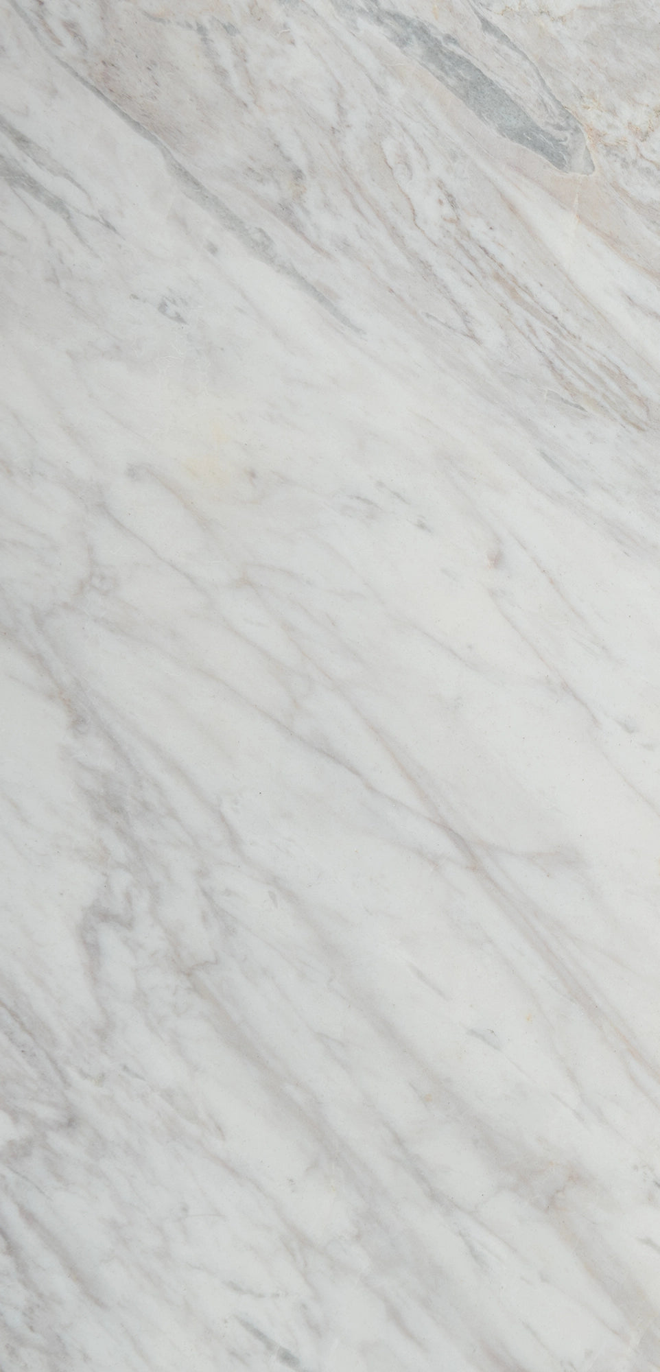 “FX‑149 Arctic Drift Marble” flexible panel by Dunya Home Design: a cool white marble ground shot through with soft, brush‑stroke swaths of pale gray‑blue and taupe that fan out diagonally, accented by fine, delicate hairline veins of warm gold.
