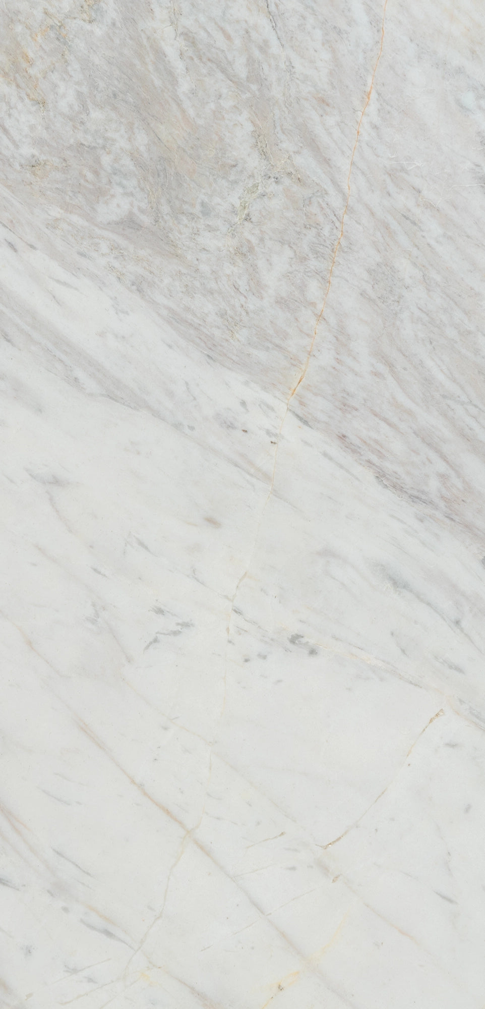 “FX‑149 Arctic Drift Marble” flexible panel by Dunya Home Design: a cool white marble ground shot through with soft, brush‑stroke swaths of pale gray‑blue and taupe that fan out diagonally, accented by fine, delicate hairline veins of warm gold.
