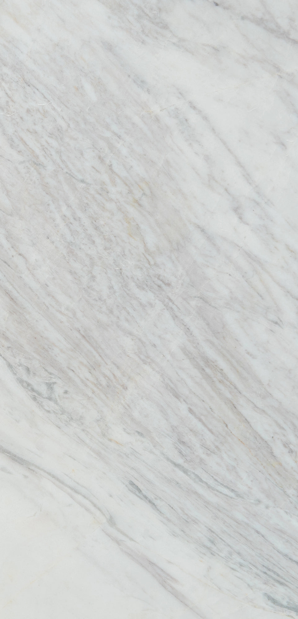 “FX‑149 Arctic Drift Marble” flexible panel by Dunya Home Design: a cool white marble ground shot through with soft, brush‑stroke swaths of pale gray‑blue and taupe that fan out diagonally, accented by fine, delicate hairline veins of warm gold.