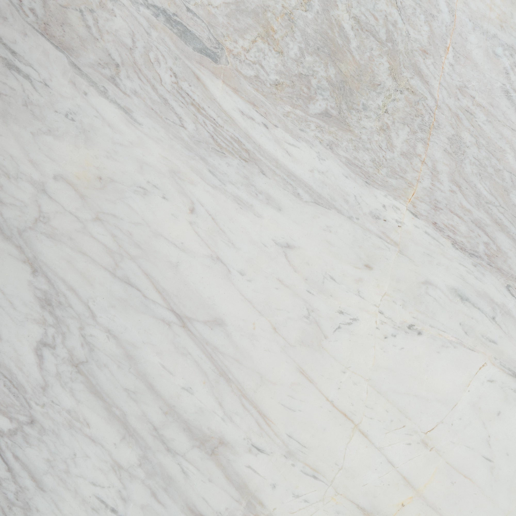 “FX‑149 Arctic Drift Marble” flexible panel by Dunya Home Design: a cool white marble ground shot through with soft, brush‑stroke swaths of pale gray‑blue and taupe that fan out diagonally, accented by fine, delicate hairline veins of warm gold.