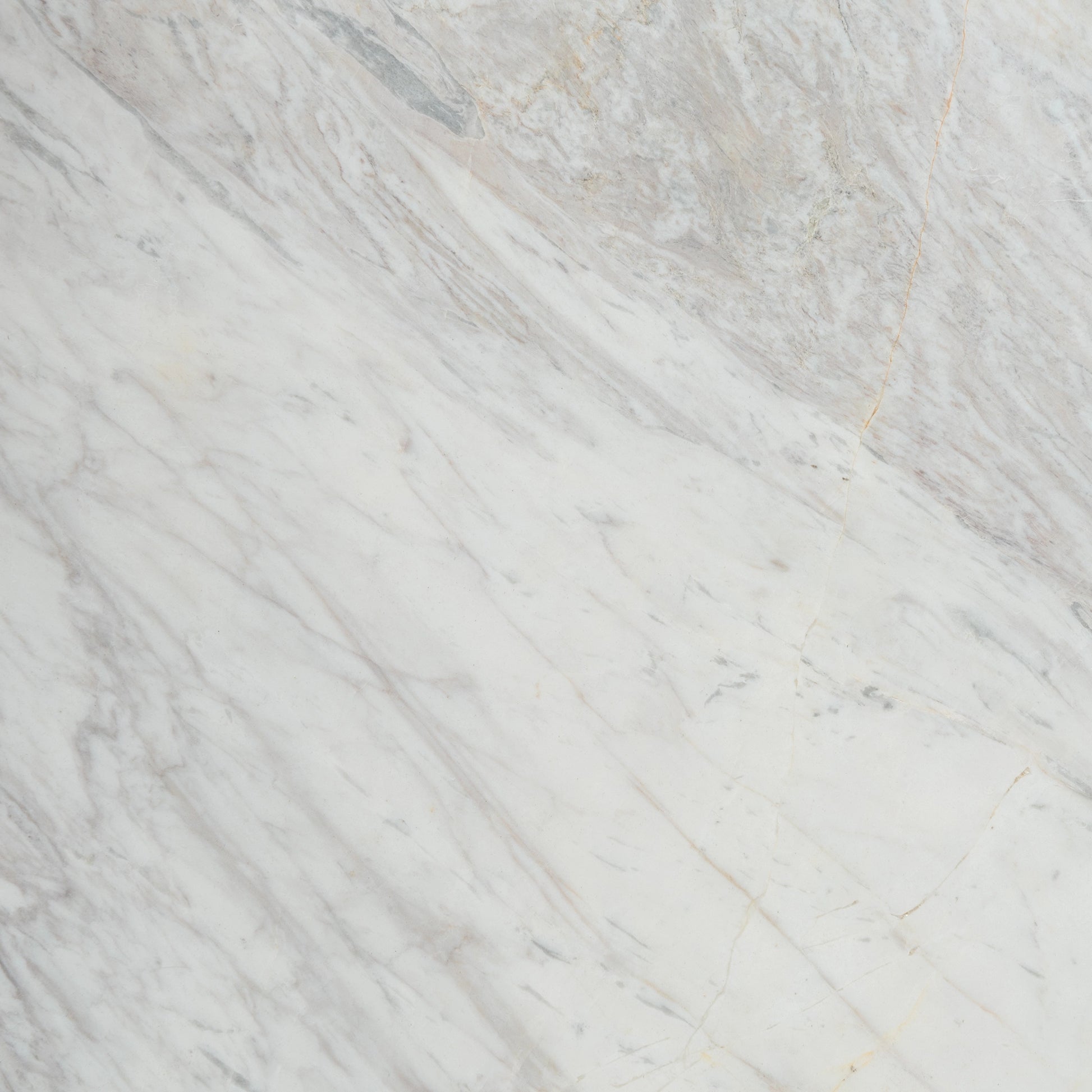 “FX‑149 Arctic Drift Marble” flexible panel by Dunya Home Design: a cool white marble ground shot through with soft, brush‑stroke swaths of pale gray‑blue and taupe that fan out diagonally, accented by fine, delicate hairline veins of warm gold.