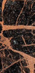 “FX‑151 Midnight Copper Marble” flexible panel by Dunya Home Design: deep black marble background shot through with bold, metallic copper veins and shimmering flecks, creating a dramatic contrast of dark and warm metallic tones with an intricate, fractured pattern.