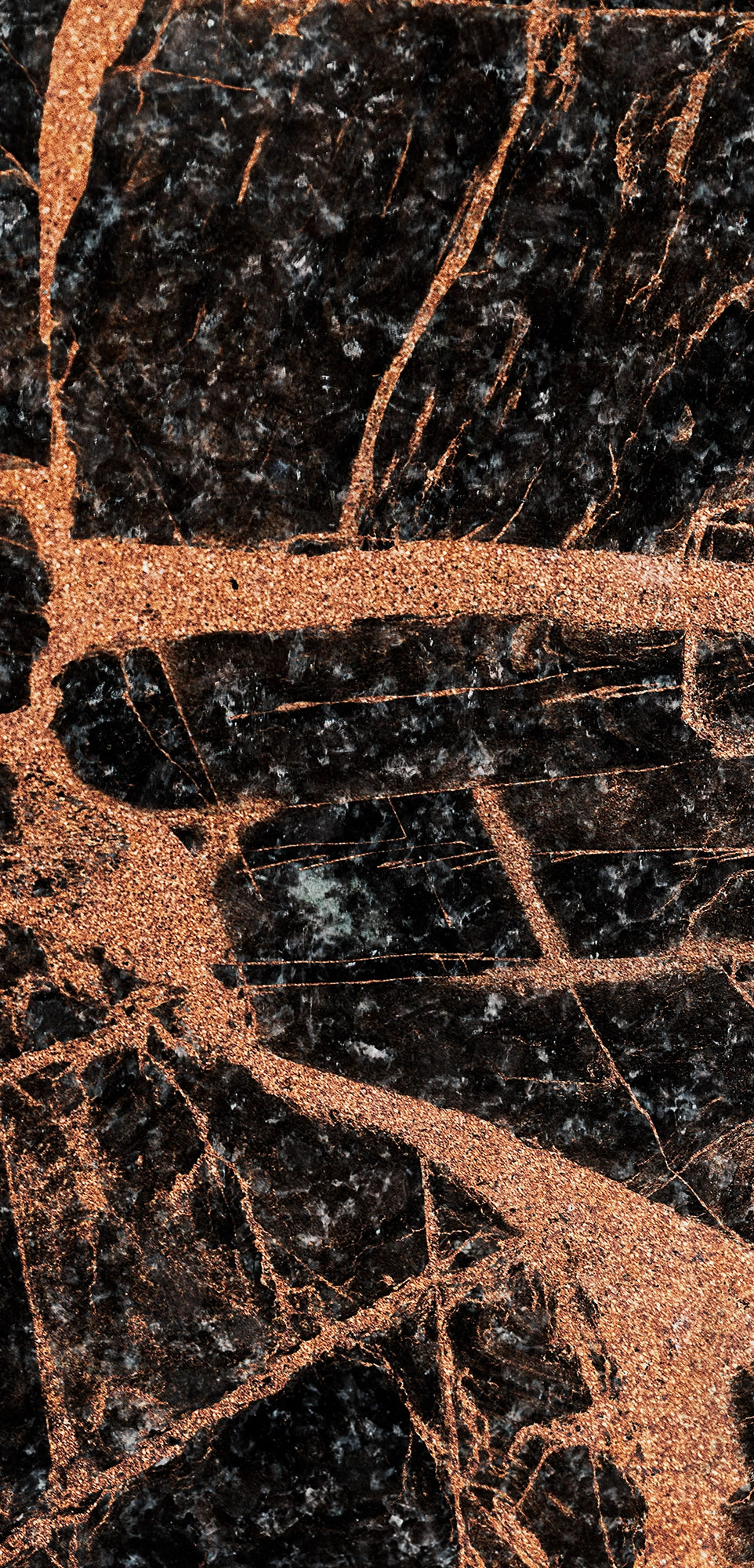 “FX‑151 Midnight Copper Marble” flexible panel by Dunya Home Design: deep black marble background shot through with bold, metallic copper veins and shimmering flecks, creating a dramatic contrast of dark and warm metallic tones with an intricate, fractured pattern.