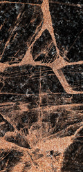 “FX‑151 Midnight Copper Marble” flexible panel by Dunya Home Design: deep black marble background shot through with bold, metallic copper veins and shimmering flecks, creating a dramatic contrast of dark and warm metallic tones with an intricate, fractured pattern.