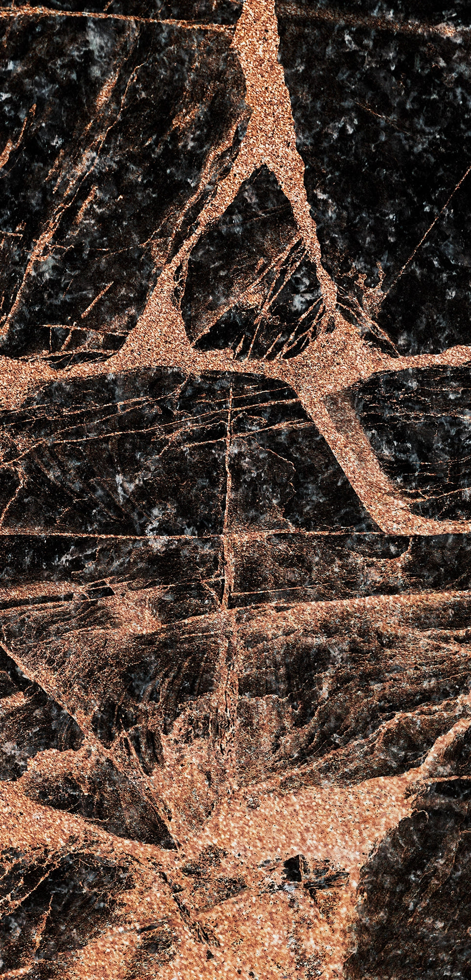 “FX‑151 Midnight Copper Marble” flexible panel by Dunya Home Design: deep black marble background shot through with bold, metallic copper veins and shimmering flecks, creating a dramatic contrast of dark and warm metallic tones with an intricate, fractured pattern.