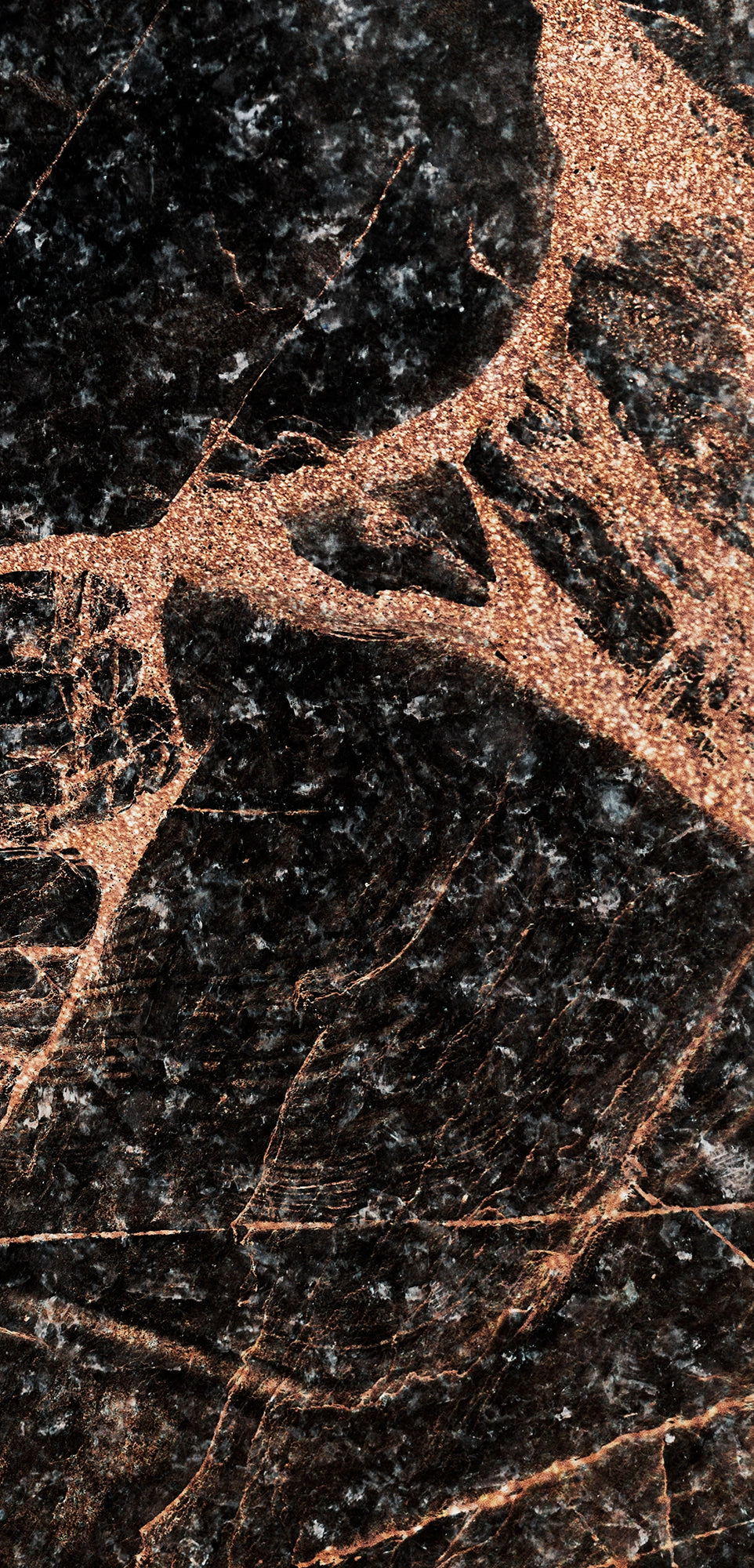 “FX‑151 Midnight Copper Marble” flexible panel by Dunya Home Design: deep black marble background shot through with bold, metallic copper veins and shimmering flecks, creating a dramatic contrast of dark and warm metallic tones with an intricate, fractured pattern.