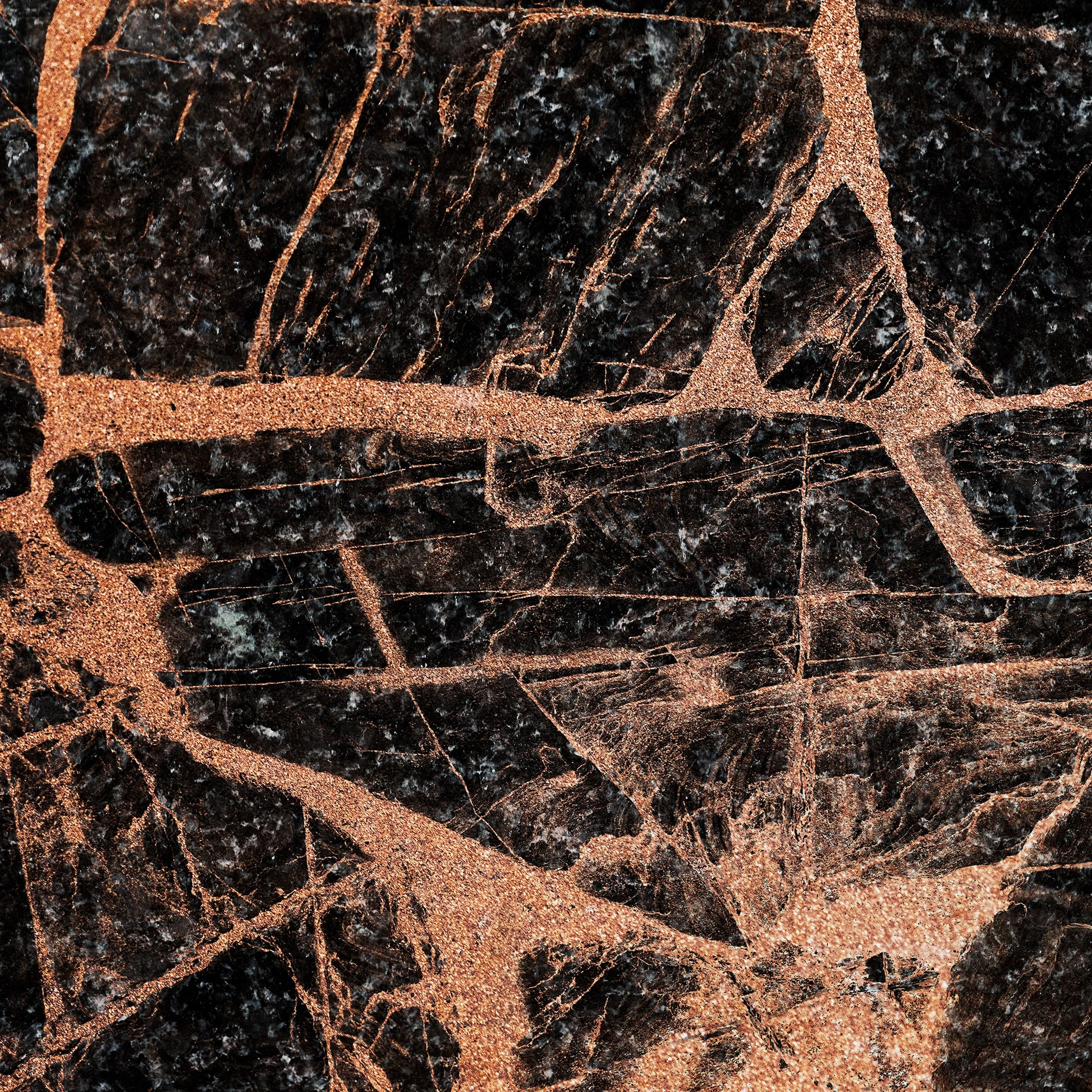 “FX‑151 Midnight Copper Marble” flexible panel by Dunya Home Design: deep black marble background shot through with bold, metallic copper veins and shimmering flecks, creating a dramatic contrast of dark and warm metallic tones with an intricate, fractured pattern.