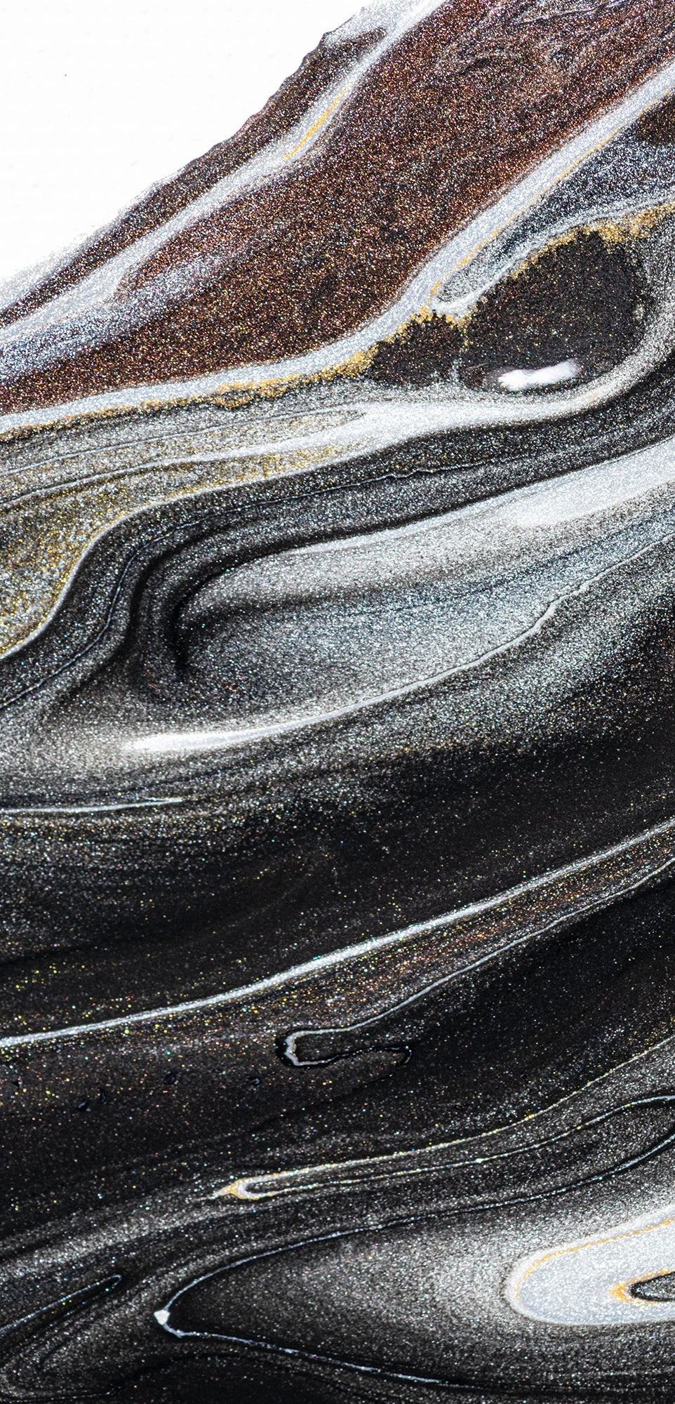 “FX‑152 Obsidian Flow Marble” flexible panel by Dunya Home Design: a dynamic, fluid pattern of swirling deep black base streaked with metallic silver and warm copper‑gold accents, creating a glossy, marble‑like surface with glittering, flowing veins.
