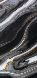 “FX‑152 Obsidian Flow Marble” flexible panel by Dunya Home Design: a dynamic, fluid pattern of swirling deep black base streaked with metallic silver and warm copper‑gold accents, creating a glossy, marble‑like surface with glittering, flowing veins.