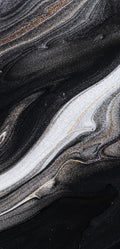 “FX‑152 Obsidian Flow Marble” flexible panel by Dunya Home Design: a dynamic, fluid pattern of swirling deep black base streaked with metallic silver and warm copper‑gold accents, creating a glossy, marble‑like surface with glittering, flowing veins.