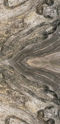 FX ‑ 170 Mirrored Smoke Onyx Marble flexible marble panel showcasing a perfectly book‑matched, mirrored onyx pattern of smoky grey and charcoal bands radiating from the center, accented by wispy ivory veins and flecks of warm gold, by Dunya Home Design.