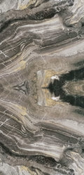FX ‑ 170 Mirrored Smoke Onyx Marble flexible marble panel showcasing a perfectly book‑matched, mirrored onyx pattern of smoky grey and charcoal bands radiating from the center, accented by wispy ivory veins and flecks of warm gold, by Dunya Home Design.