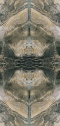 FX ‑ 170 Mirrored Smoke Onyx Marble flexible marble panel showcasing a perfectly book‑matched, mirrored onyx pattern of smoky grey and charcoal bands radiating from the center, accented by wispy ivory veins and flecks of warm gold, by Dunya Home Design.