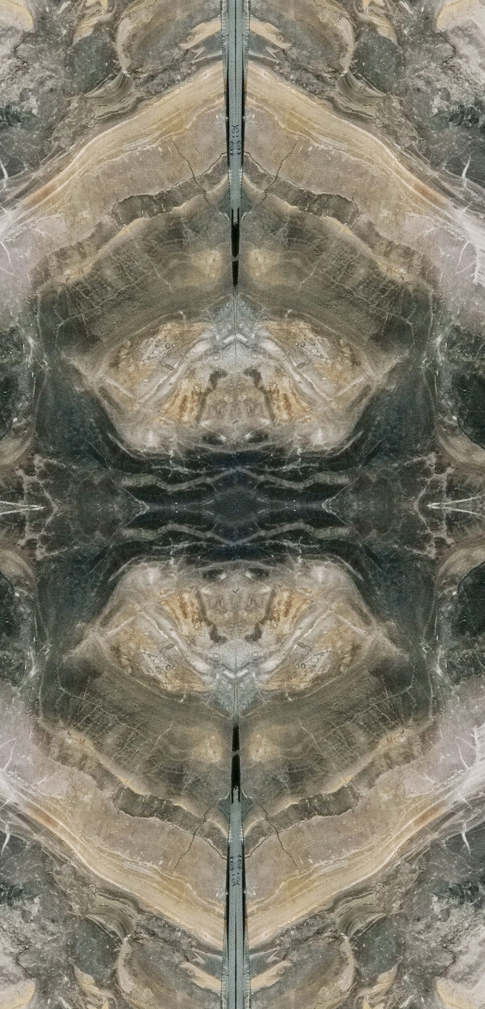 FX ‑ 170 Mirrored Smoke Onyx Marble flexible marble panel showcasing a perfectly book‑matched, mirrored onyx pattern of smoky grey and charcoal bands radiating from the center, accented by wispy ivory veins and flecks of warm gold, by Dunya Home Design.