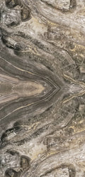 FX ‑ 170 Mirrored Smoke Onyx Marble flexible marble panel showcasing a perfectly book‑matched, mirrored onyx pattern of smoky grey and charcoal bands radiating from the center, accented by wispy ivory veins and flecks of warm gold, by Dunya Home Design.