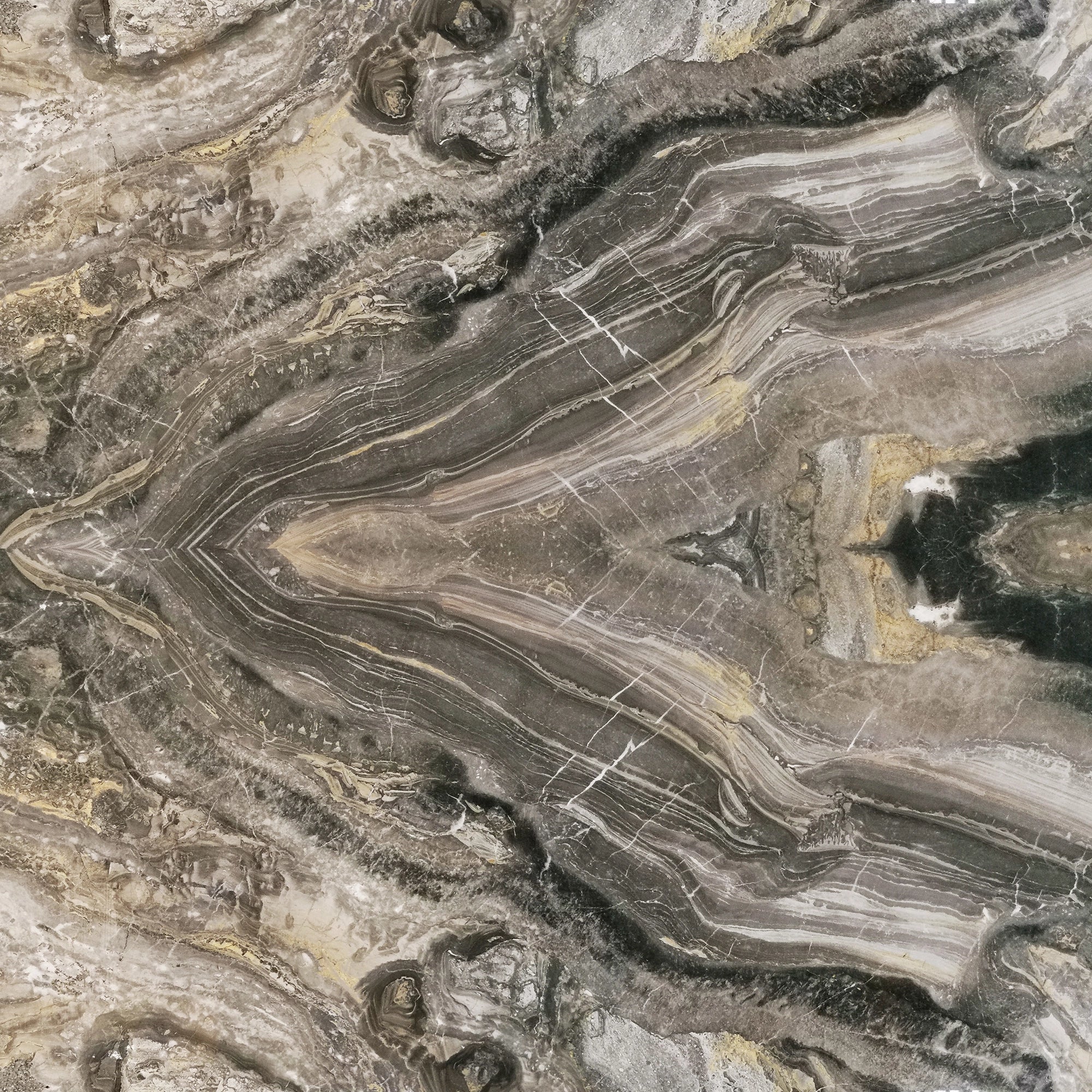FX ‑ 170 Mirrored Smoke Onyx Marble flexible marble panel showcasing a perfectly book‑matched, mirrored onyx pattern of smoky grey and charcoal bands radiating from the center, accented by wispy ivory veins and flecks of warm gold, by Dunya Home Design.