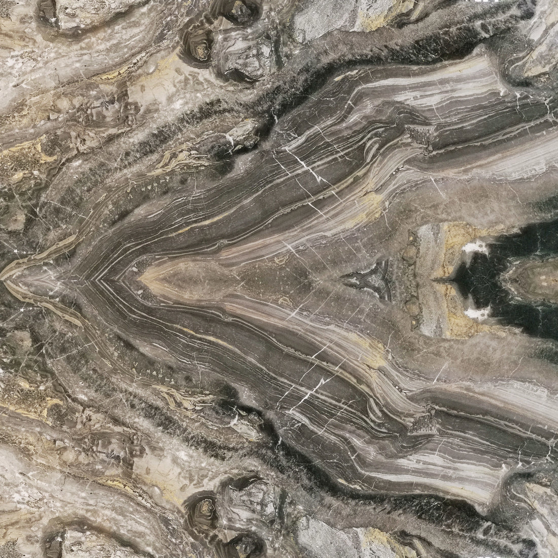 FX ‑ 170 Mirrored Smoke Onyx Marble flexible marble panel showcasing a perfectly book‑matched, mirrored onyx pattern of smoky grey and charcoal bands radiating from the center, accented by wispy ivory veins and flecks of warm gold, by Dunya Home Design.