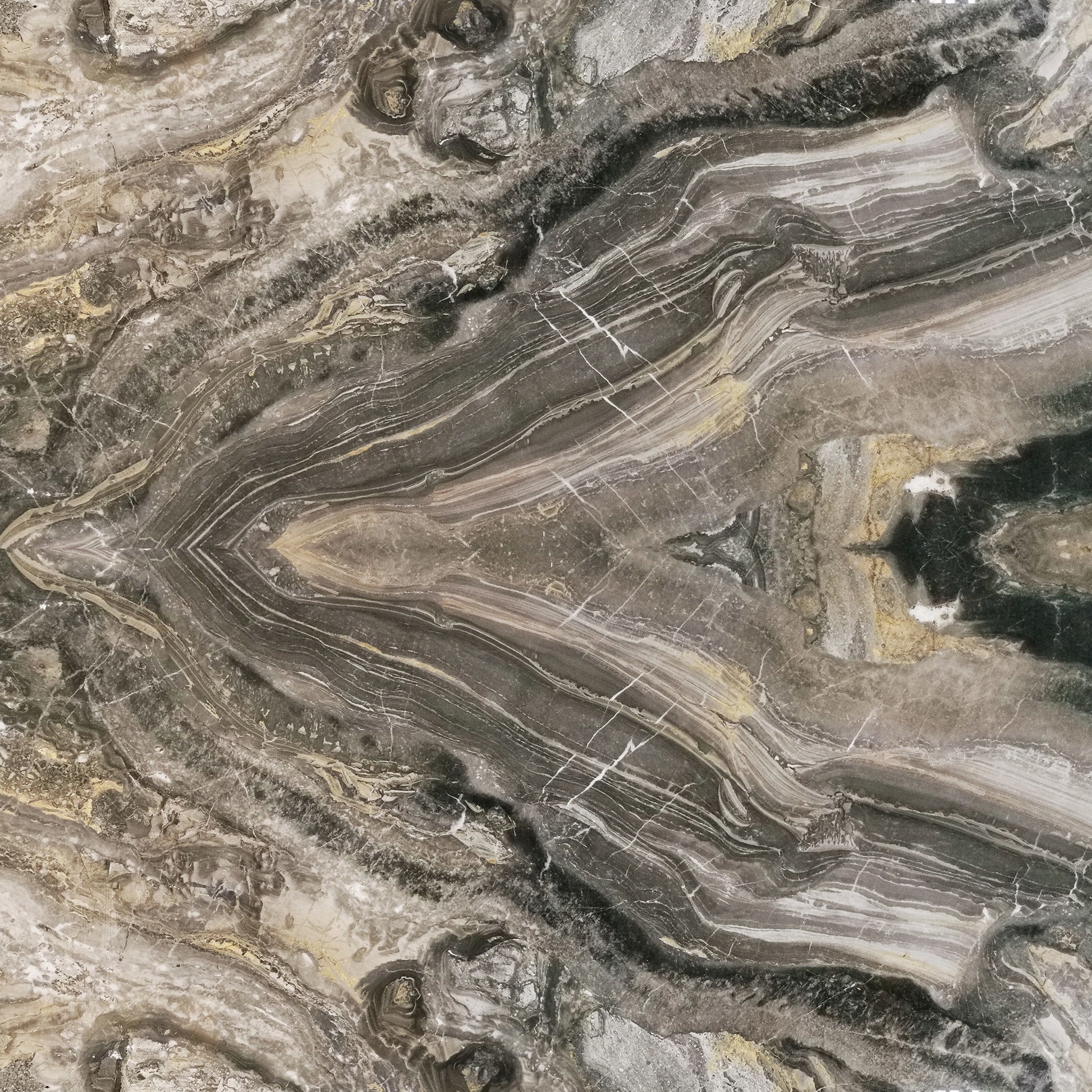 FX ‑ 170 Mirrored Smoke Onyx Marble flexible marble panel showcasing a perfectly book‑matched, mirrored onyx pattern of smoky grey and charcoal bands radiating from the center, accented by wispy ivory veins and flecks of warm gold, by Dunya Home Design.