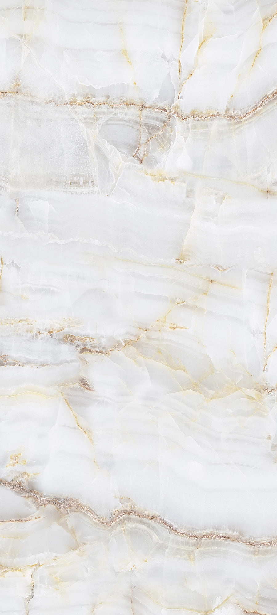 FX ‑ 173 Glacial Vein Marble flexible marble panel showcasing a crisp translucent white backdrop intersected by delicate gold and warm taupe veins that mimic ice‑fractured crevices, by Dunya Home Design.