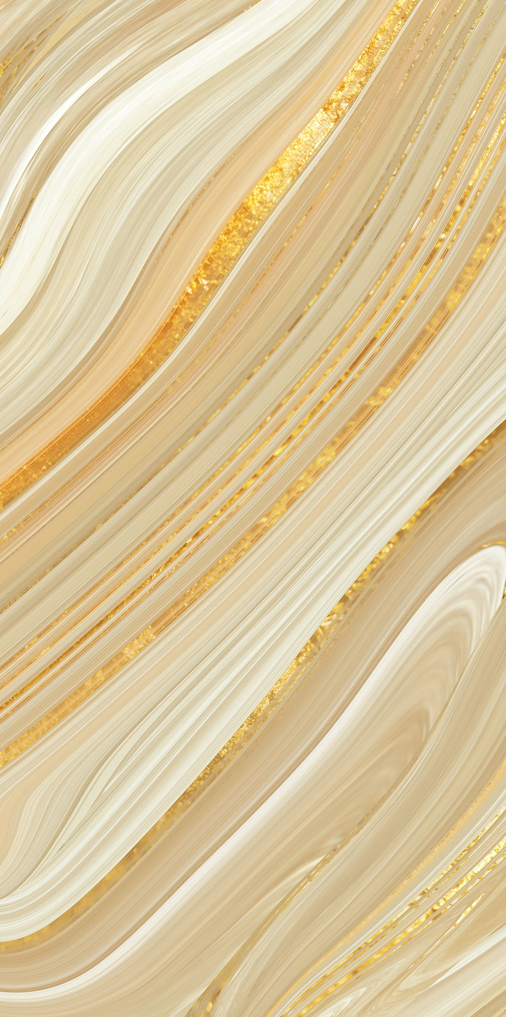 FX ‑ 174 Liquid Gold Veil Marble flexible marble panel showcasing fluid, ribbon‑like bands of ivory and pale champagne swirled with lustrous metallic gold streaks that shimmer like molten metal, by Dunya Home Design