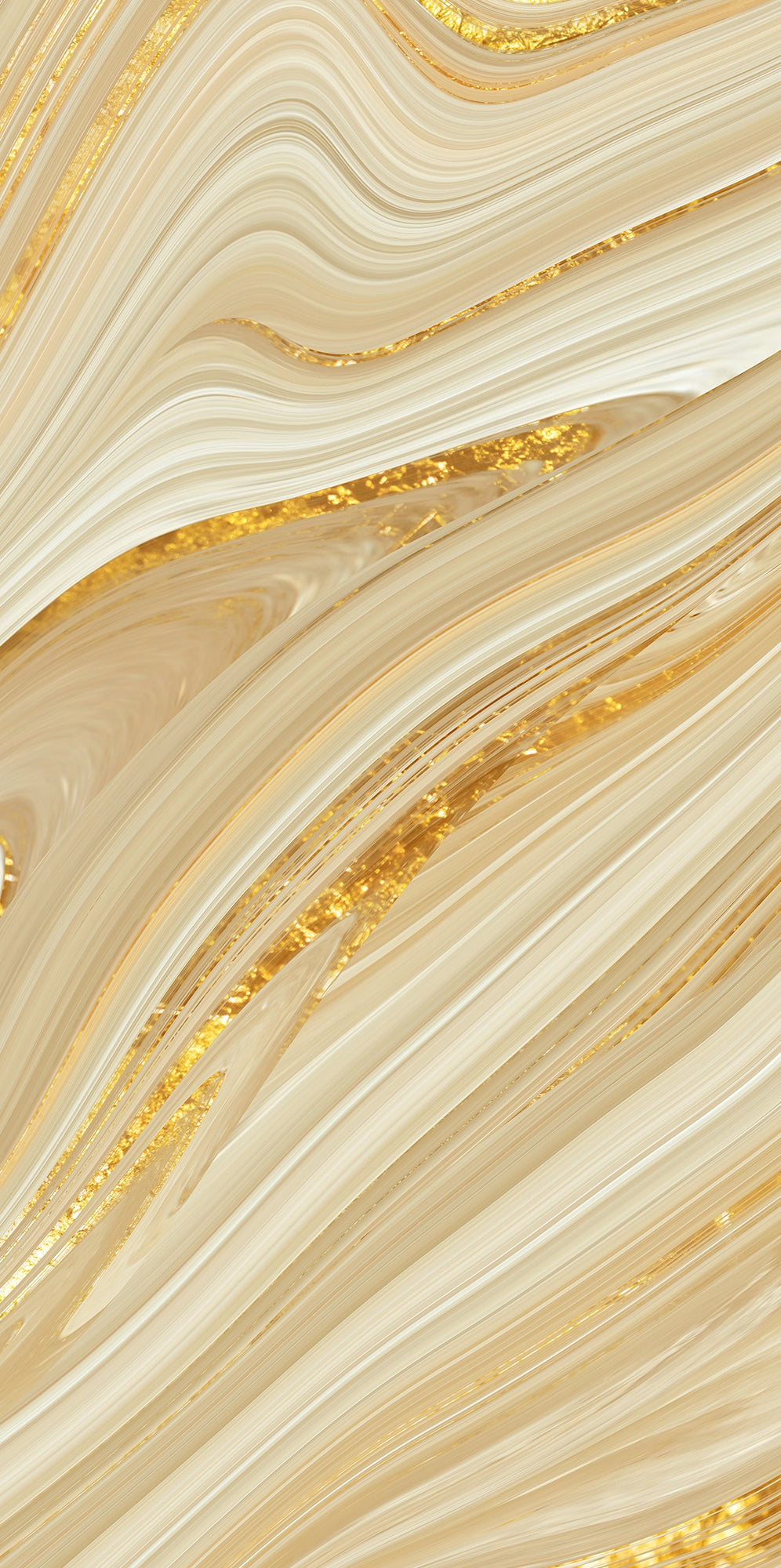 FX ‑ 174 Liquid Gold Veil Marble flexible marble panel showcasing fluid, ribbon‑like bands of ivory and pale champagne swirled with lustrous metallic gold streaks that shimmer like molten metal, by Dunya Home Design