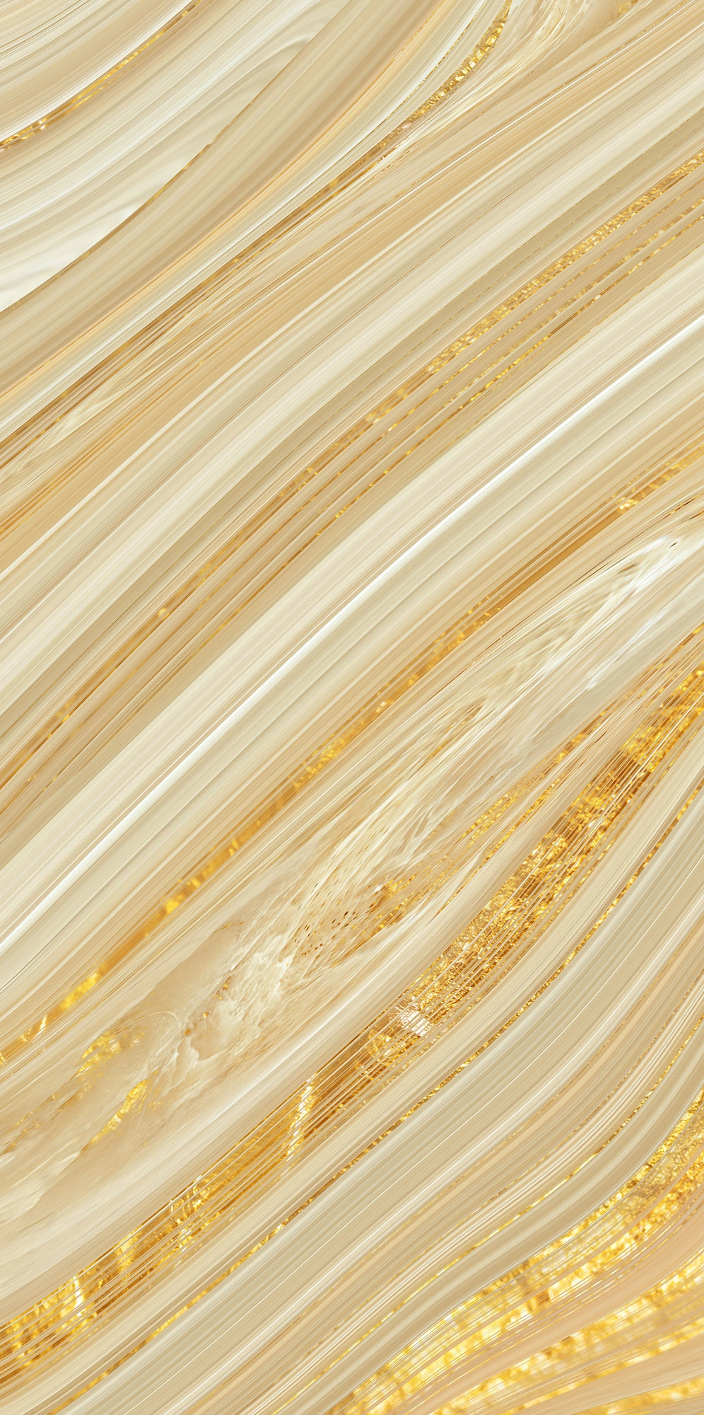 FX ‑ 174 Liquid Gold Veil Marble flexible marble panel showcasing fluid, ribbon‑like bands of ivory and pale champagne swirled with lustrous metallic gold streaks that shimmer like molten metal, by Dunya Home Design