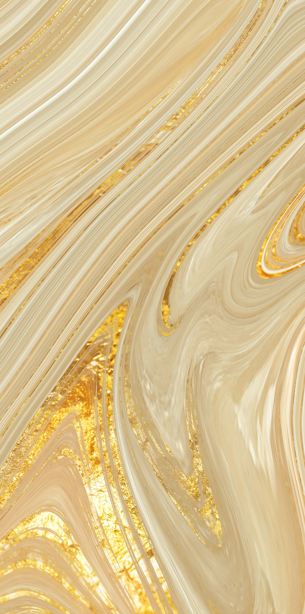 FX ‑ 174 Liquid Gold Veil Marble flexible marble panel showcasing fluid, ribbon‑like bands of ivory and pale champagne swirled with lustrous metallic gold streaks that shimmer like molten metal, by Dunya Home Design