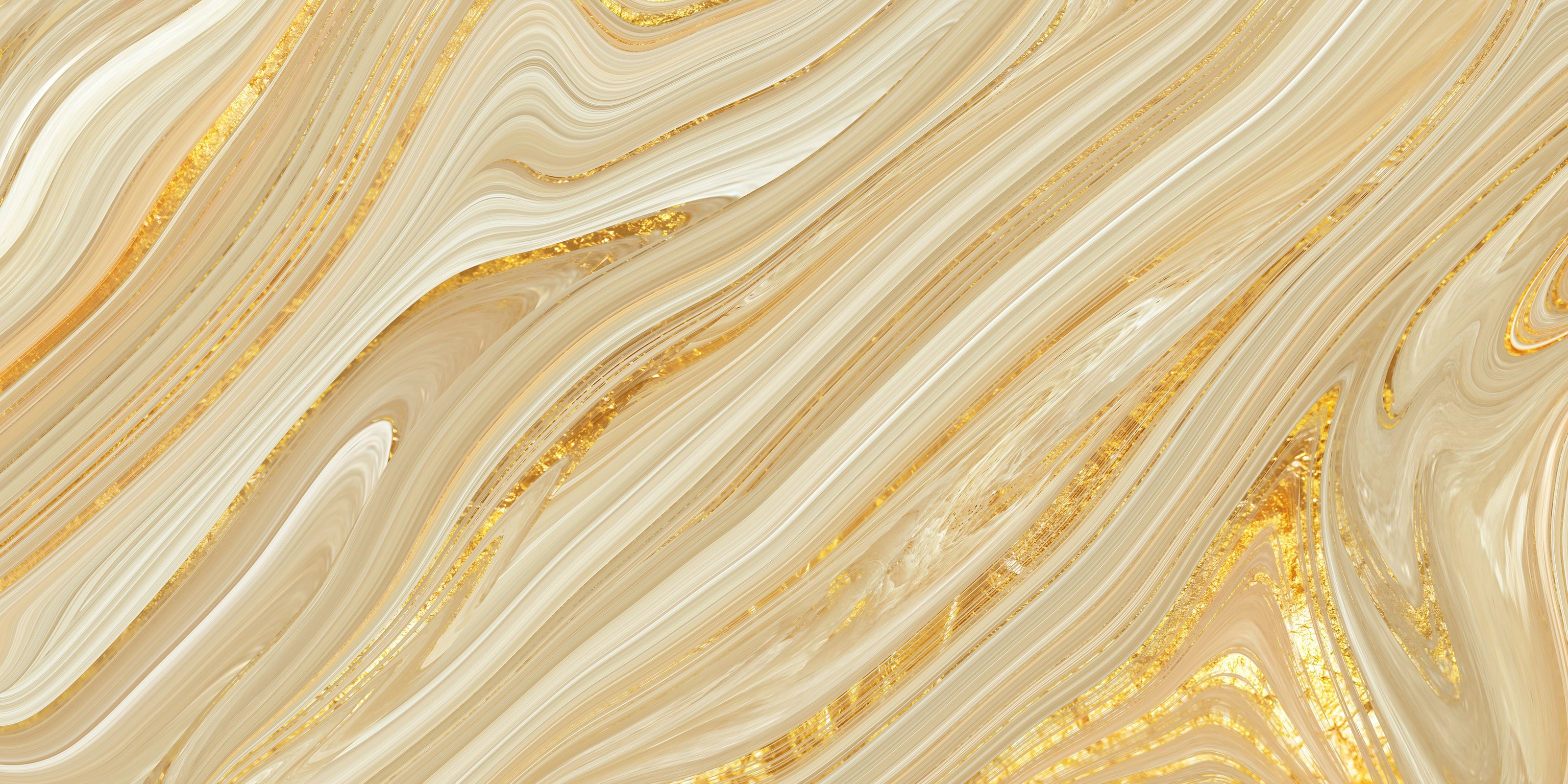 FX ‑ 174 Liquid Gold Veil Marble flexible marble panel showcasing fluid, ribbon‑like bands of ivory and pale champagne swirled with lustrous metallic gold streaks that shimmer like molten metal, by Dunya Home Design