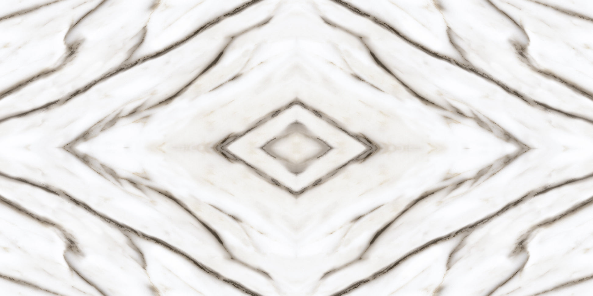 FX ‑ 179 Celestial Diamond Marble flexible marble panel showcasing a luminous white background mirrored into a central diamond motif with softly diffused gray veining that radiates outward like cosmic geometry, by Dunya Home Design.