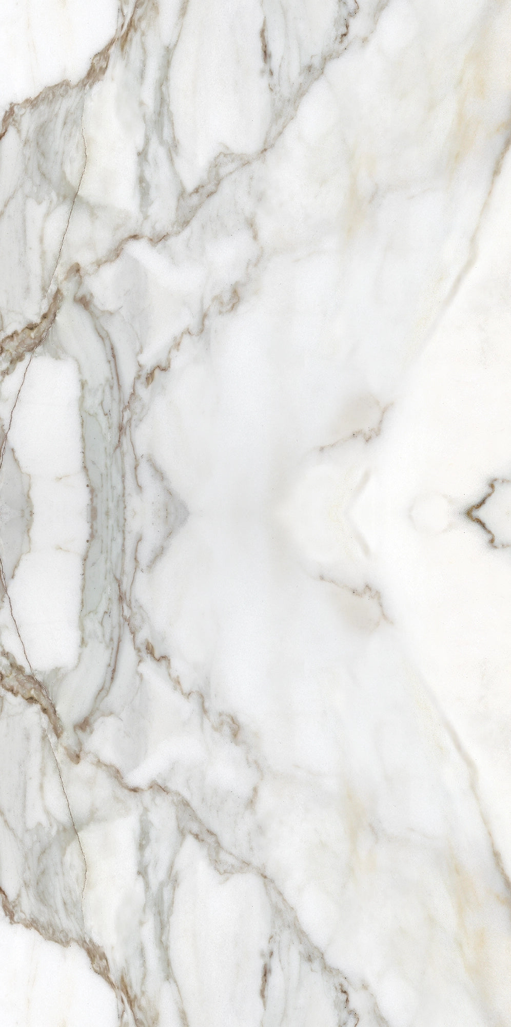 FX ‑ 180 Auric Prism Calacatta Marble flexible marble panel showcasing a luminous white Calacatta background book‑matched into a central diamond prism motif with soft gray and warm gold veins radiating outward like molten metal highlights, by Dunya Home Design.
